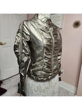 CARMIN Metallic Gold/Silver Faux Leather Moto Jacket Women’s Large L – LKNW